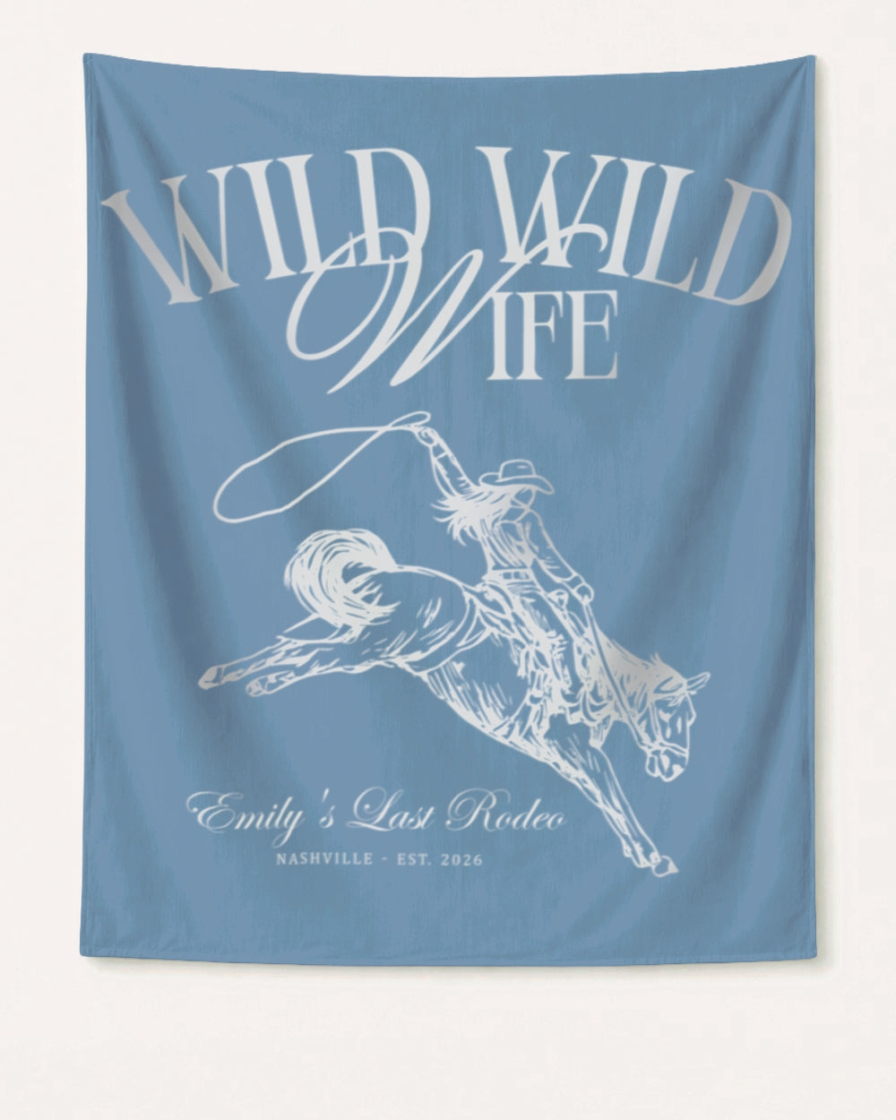 Bride and bridesmaids bachelorette party banner with vintage cowgirl illustration and Last Rodeo script. Personalized with bride name, destination city, and year for the whole crew.