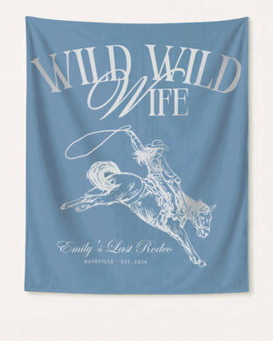 Bride and bridesmaids bachelorette party banner with vintage cowgirl illustration and Last Rodeo script. Personalized with bride name, destination city, and year for the whole crew.