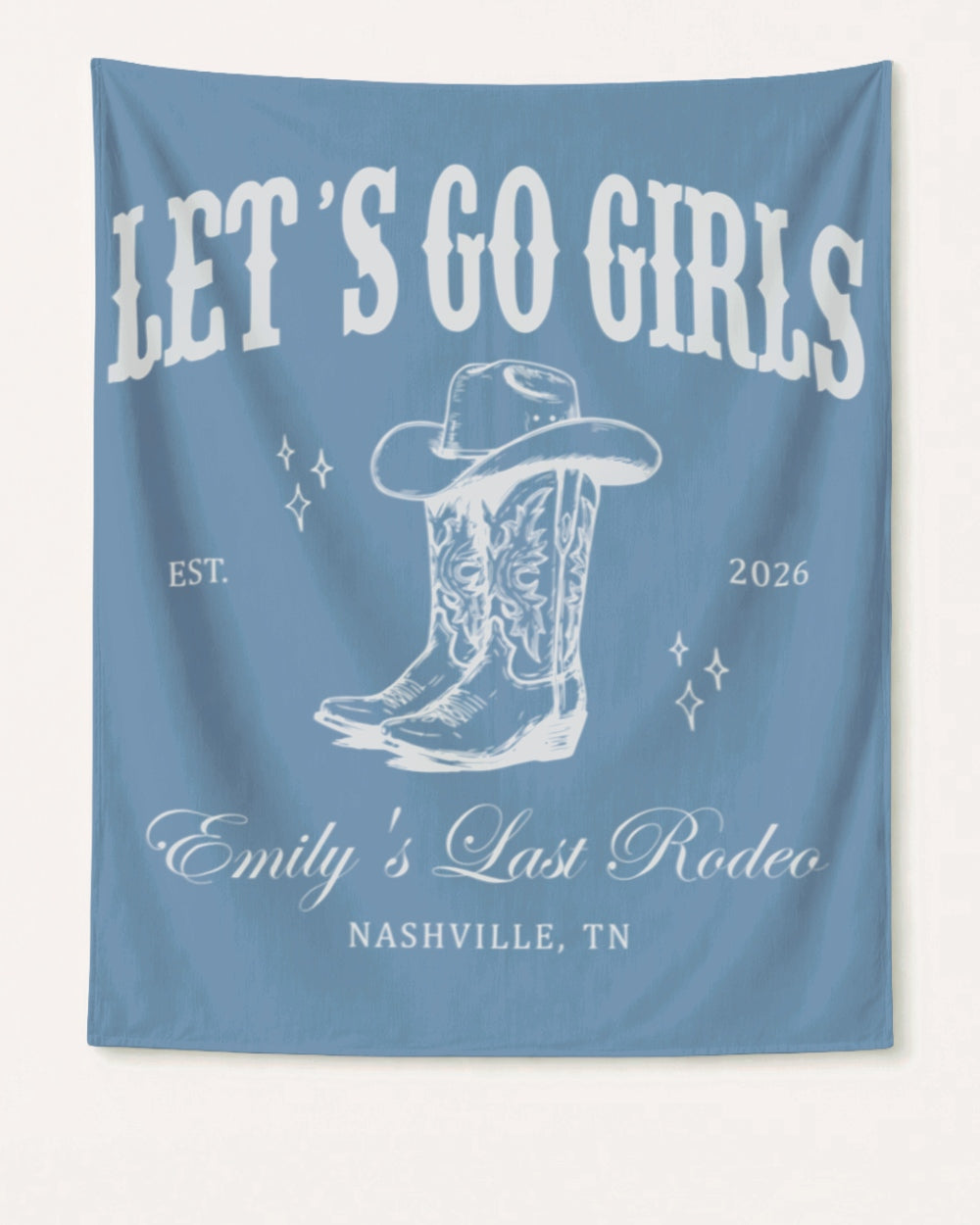 Bride and bachelorette party banner for a country western Last Rodeo celebration. Vintage western script and boot motifs, personalized with bride name, year, and destination city.