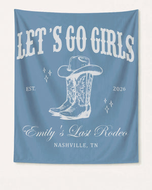 Bride and bachelorette party banner for a country western Last Rodeo celebration. Vintage western script and boot motifs, personalized with bride name, year, and destination city.