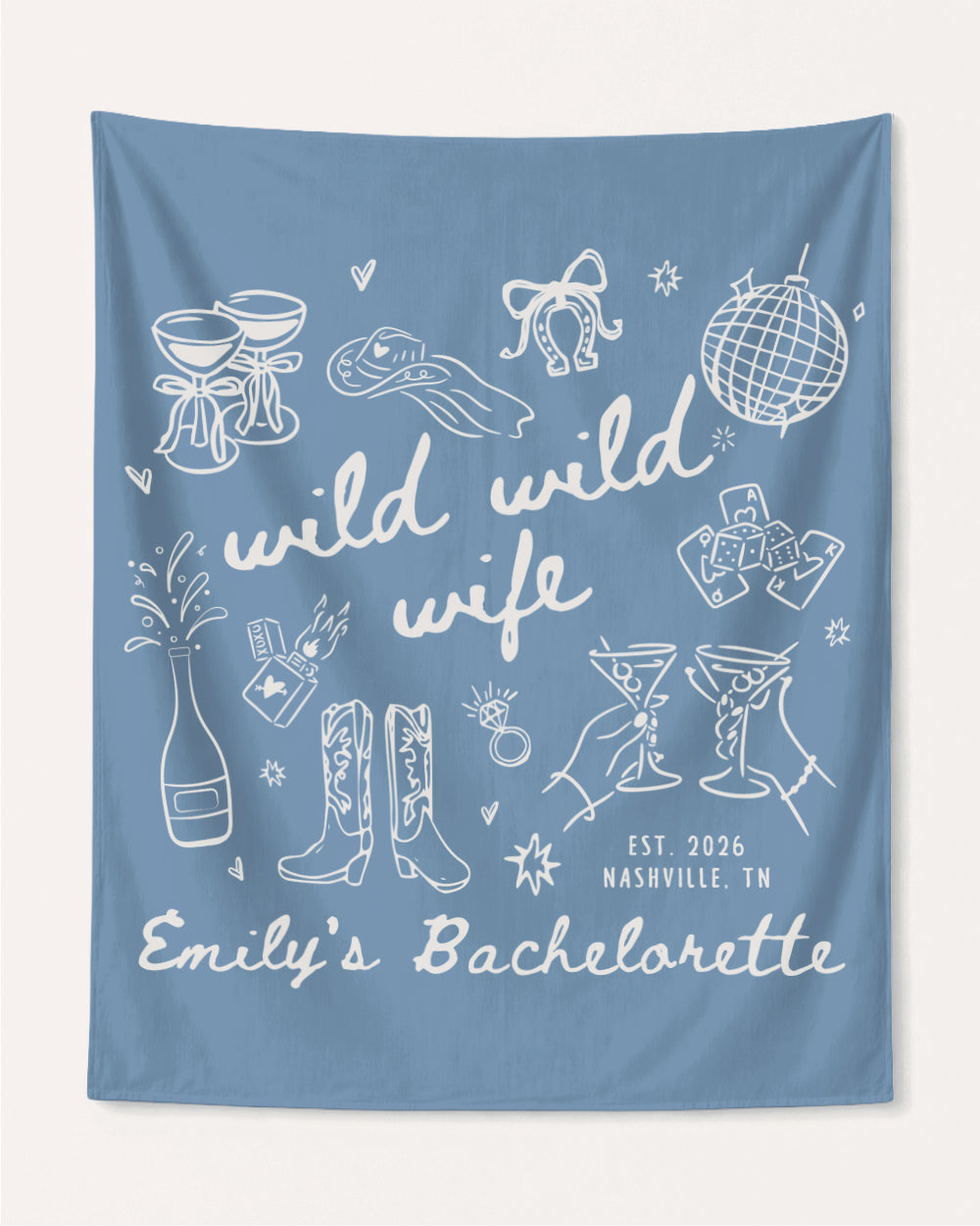 Bachelorette party banner gift idea with Wild Wild Wife theme and playful hand-drawn line art. Personalized with bride name, year, and destination city for the whole crew.