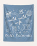 Bachelorette party banner gift idea with Wild Wild Wife theme and playful hand-drawn line art. Personalized with bride name, year, and destination city for the whole crew.