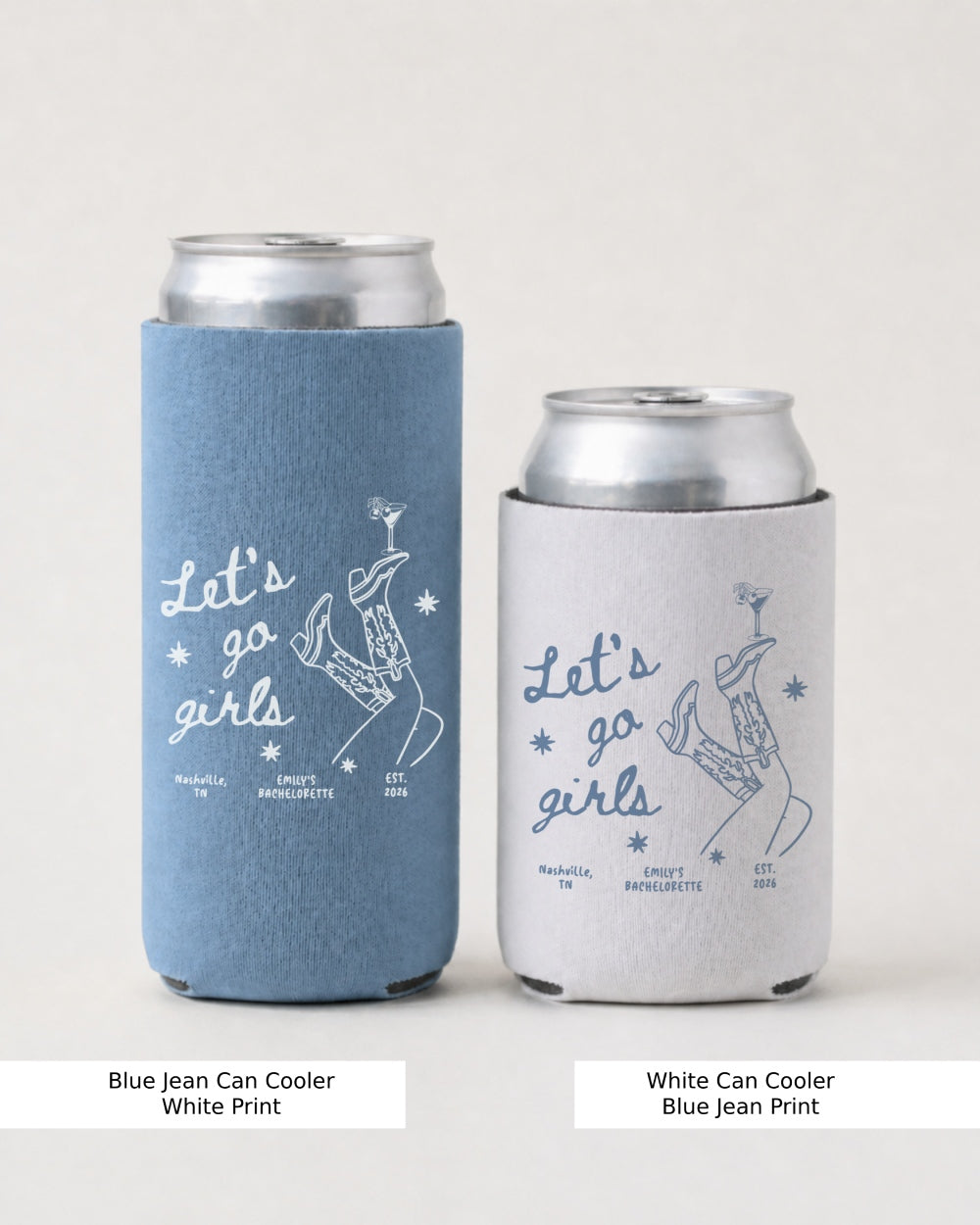Minimalist line-art can cooler with script lettering and boots and martini motifs, made for a Let's Go Girls bachelorette party or girls trip weekend. Keeps drinks cold for the whole crew.