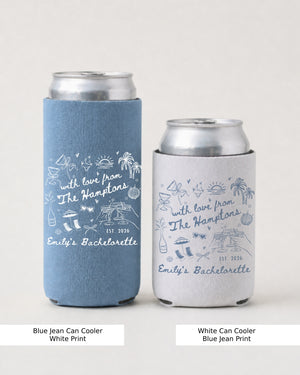 Vintage line-art bachelorette can cooler with script lettering and Hamptons destination theme. Personalized with bride name and bachelorette destination for the whole crew.