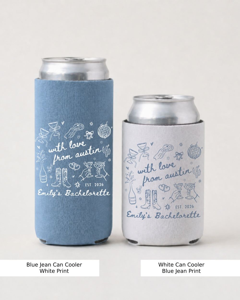 Minimalist line-art doodle bachelorette can cooler with script lettering and early bachelorette theme. Personalized with bride city and destination for the full crew.
