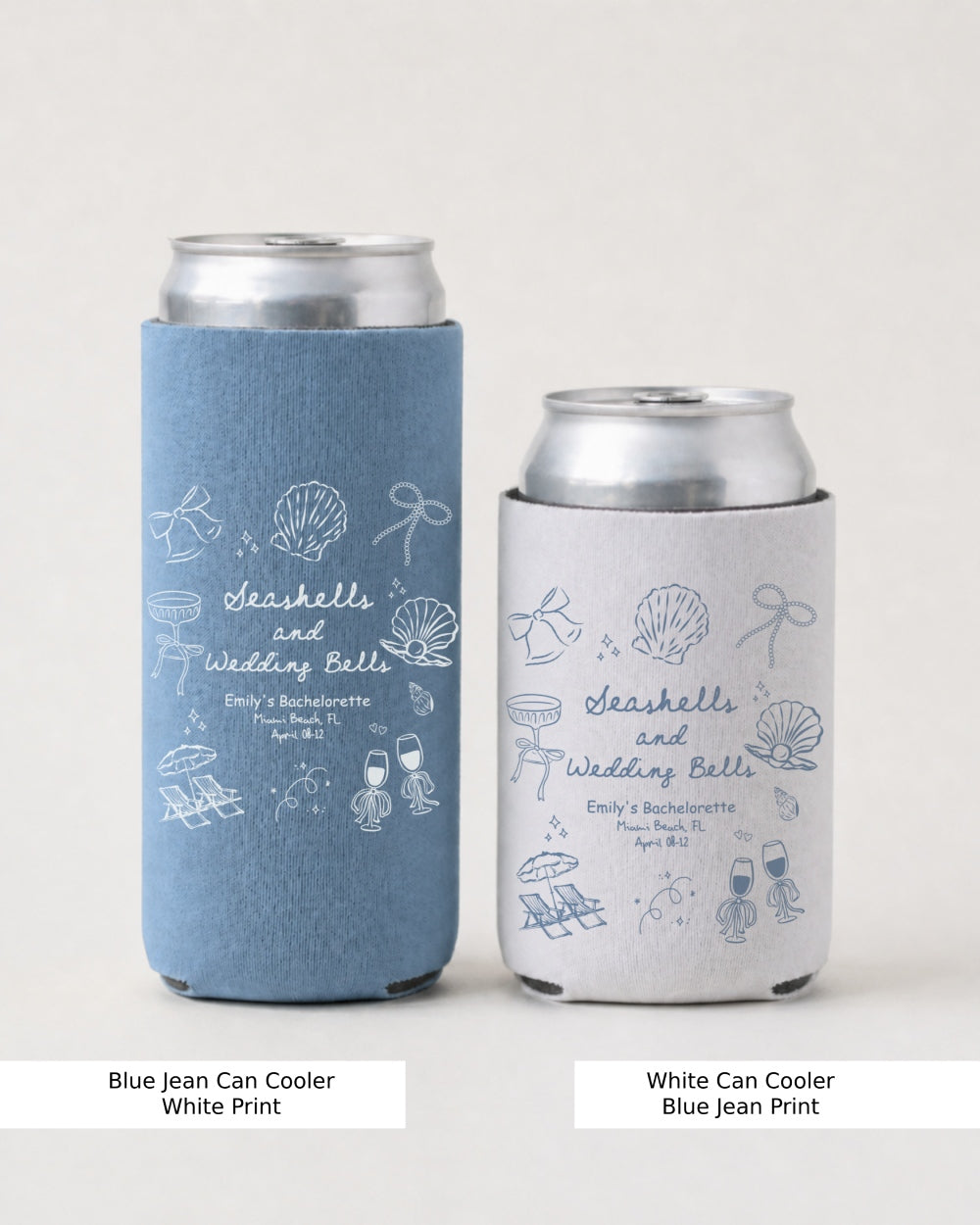 Seashells & Wedding Bells Can Cooler Blue Jean