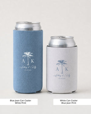 Minimalist line-art floral can cooler for beach wedding favors, palm tree and botanical design. Personalized with couple names and wedding date for a coastal ceremony.