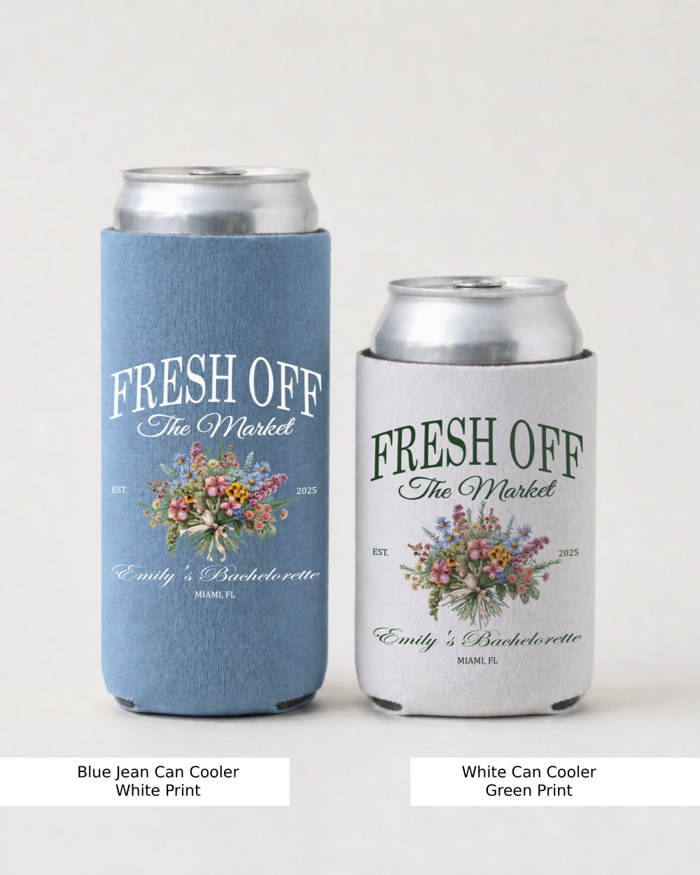 Vintage botanical illustration can cooler with script typography for bachelorette parties and wedding celebrations. Fresh Off the Market theme, perfect for the newly engaged bride at bridal showers or girls weekends.