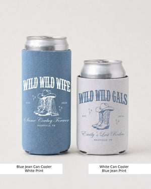 Vintage western badge-style bachelorette can cooler with retro cowgirl illustration and boot graphics. Personalized with bride and crew names, year, and hometown for the wild wild wife crew.