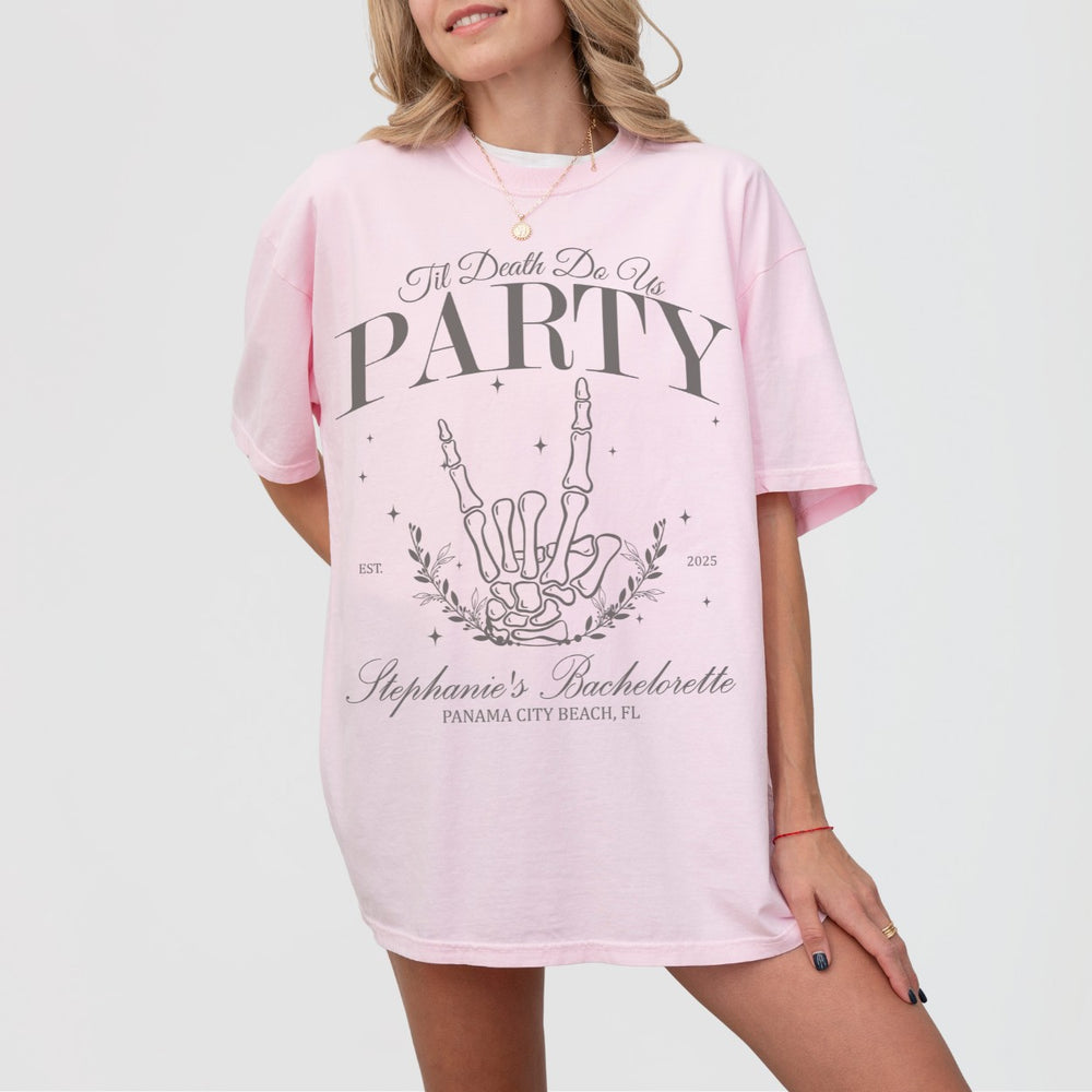 Skeleton bride themed cotton bachelorette party shirt with a humorous "Bride Or Die" slogan for gothic or Halloween inspired bridal celebrations