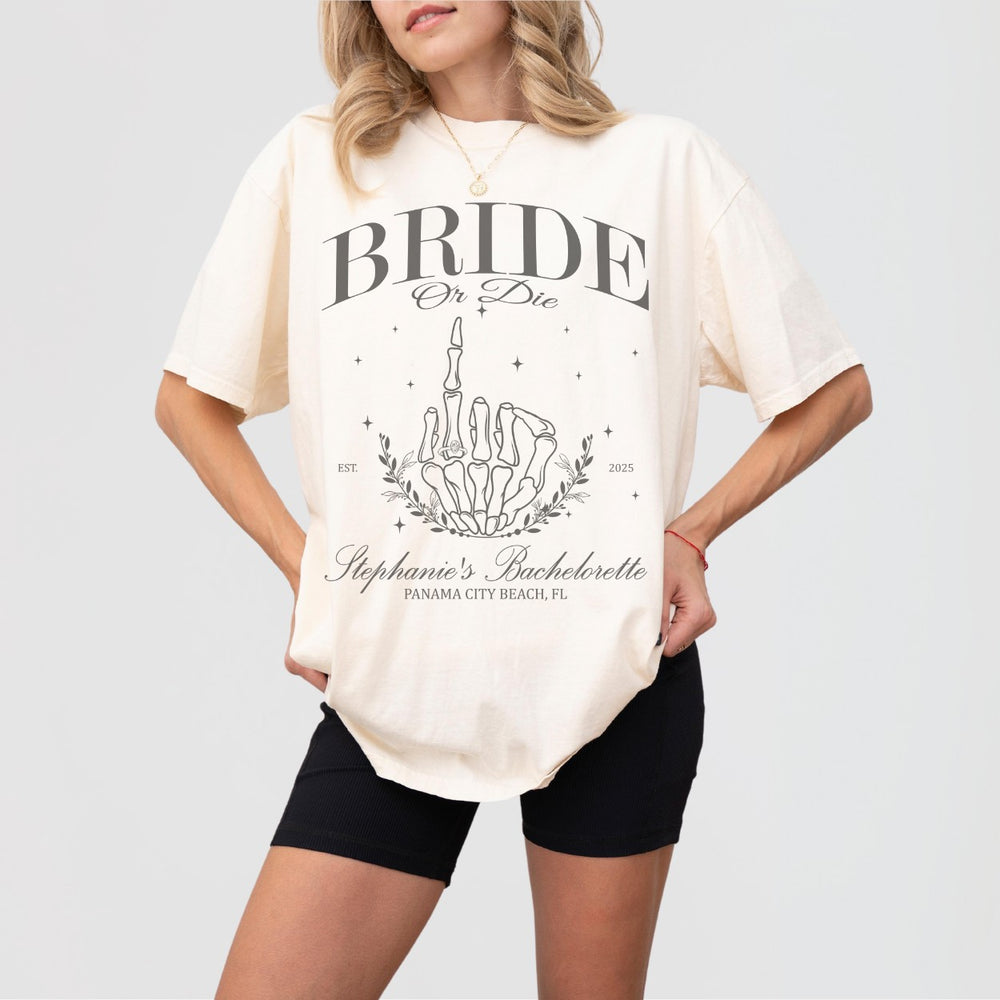 Ivory cotton bride-to-be shirt with a gothic "Bride Or Die" skeleton design, perfect for a Halloween bachelorette party or spooky bridal shower