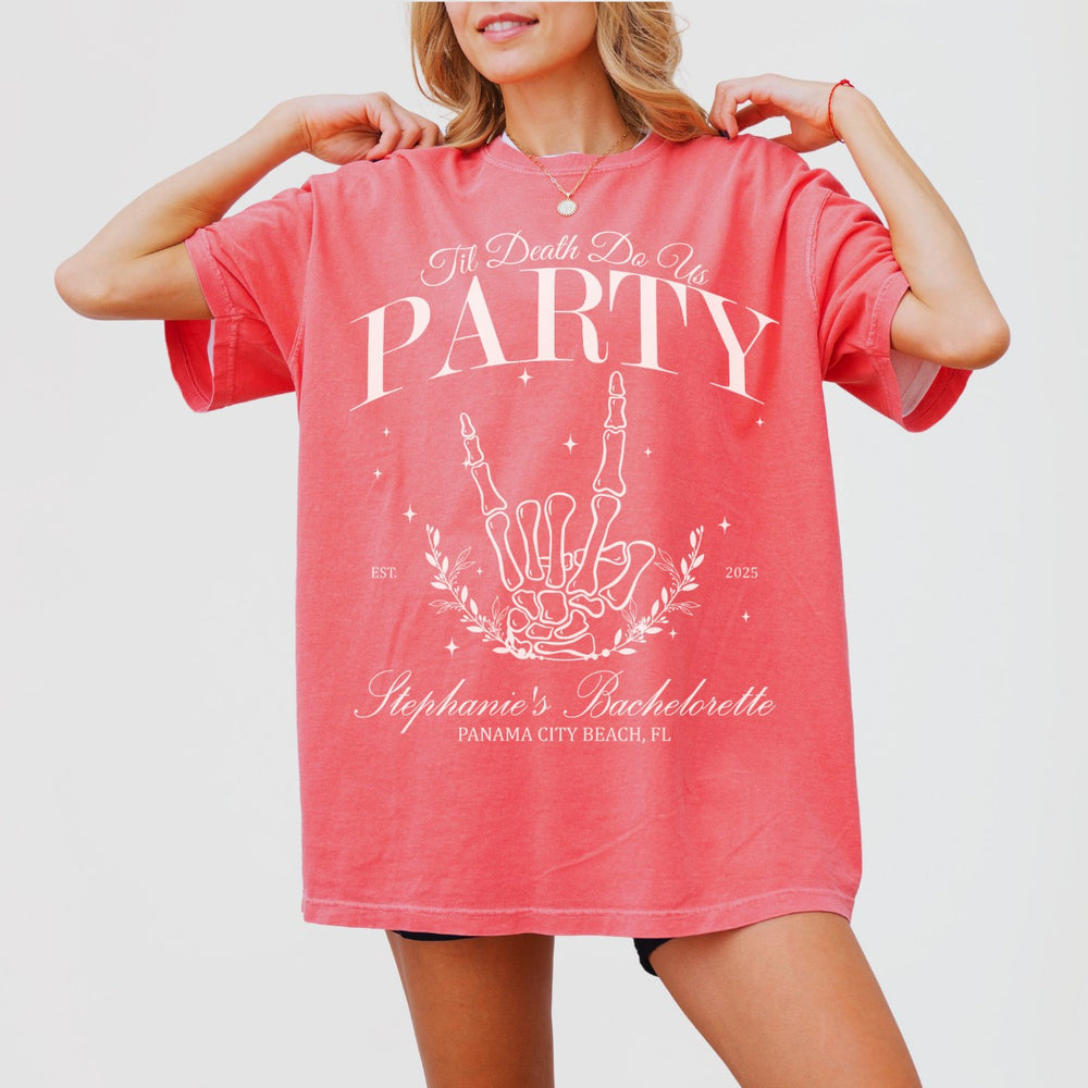 Watermelon red skeleton bride shirt with "Bride Or Die" text, perfect for funny gothic bachelorette parties, Halloween bridal showers