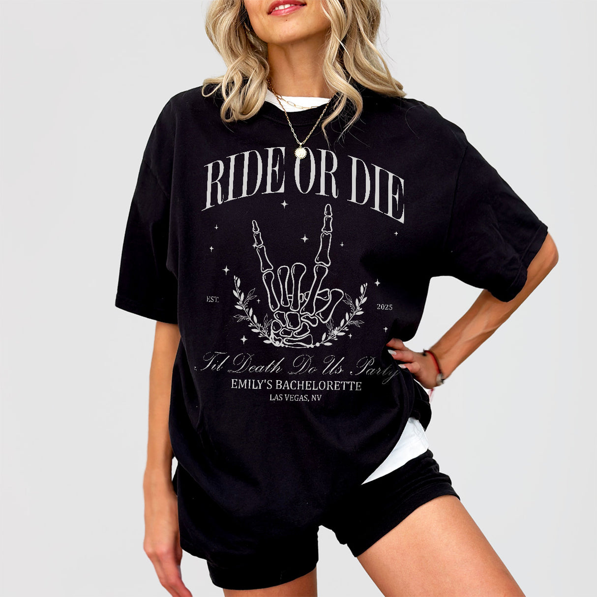 Bride Or Die funny bachelorette party black cotton shirt featuring a gothic skeleton bride design, perfect for Halloween bachelorette celebrations