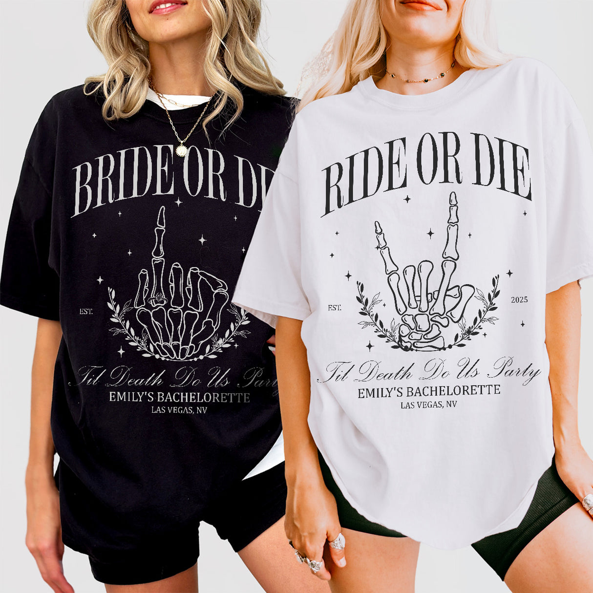 Matching bachelorette party shirts with "Bride Or Die" skeleton design for gothic bachelorette theme and brides celebrating with their bridal party