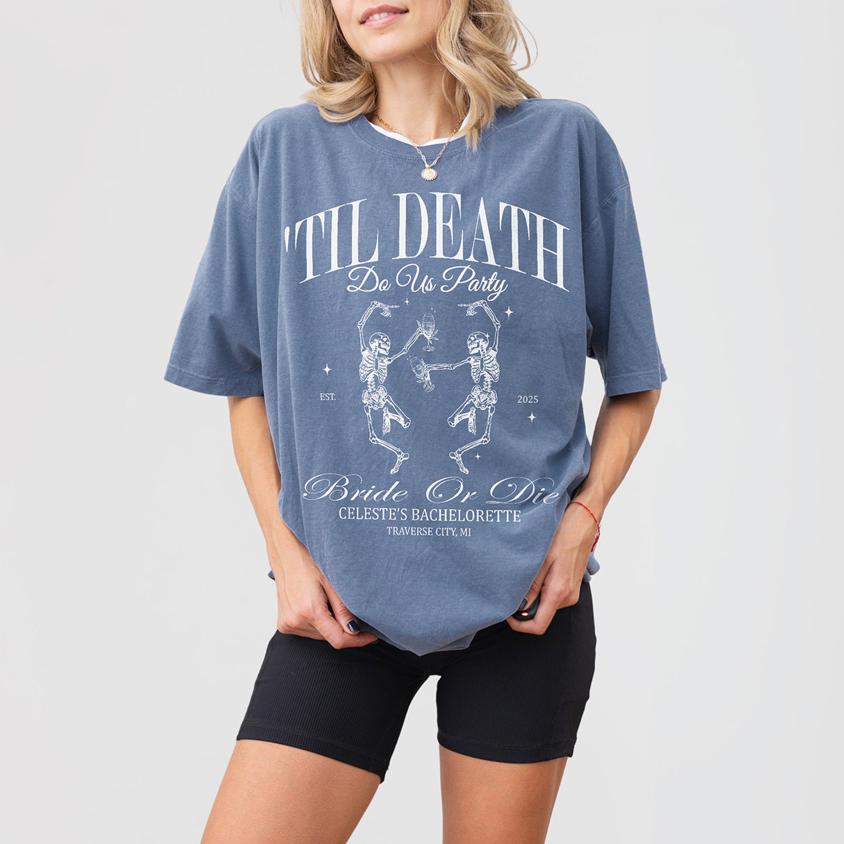 Funny blue cotton skeleton bride shirt perfect for a gothic or Halloween bachelorette party favors until death do us party