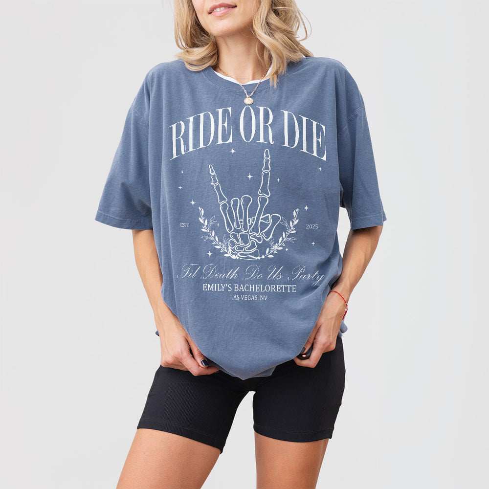 Bride Or Die funny blue jean bachelorette shirt with gothic skeleton bride design, perfect for Halloween or gothic-themed bachelorette parties