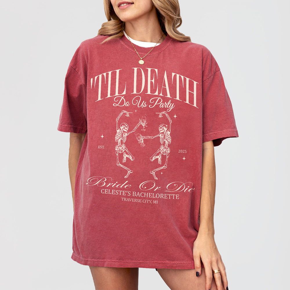 Crimson cotton bride shirt with gothic skeleton print, funny bachelorette party favors for spooky Halloween or edgy til death do us party themes