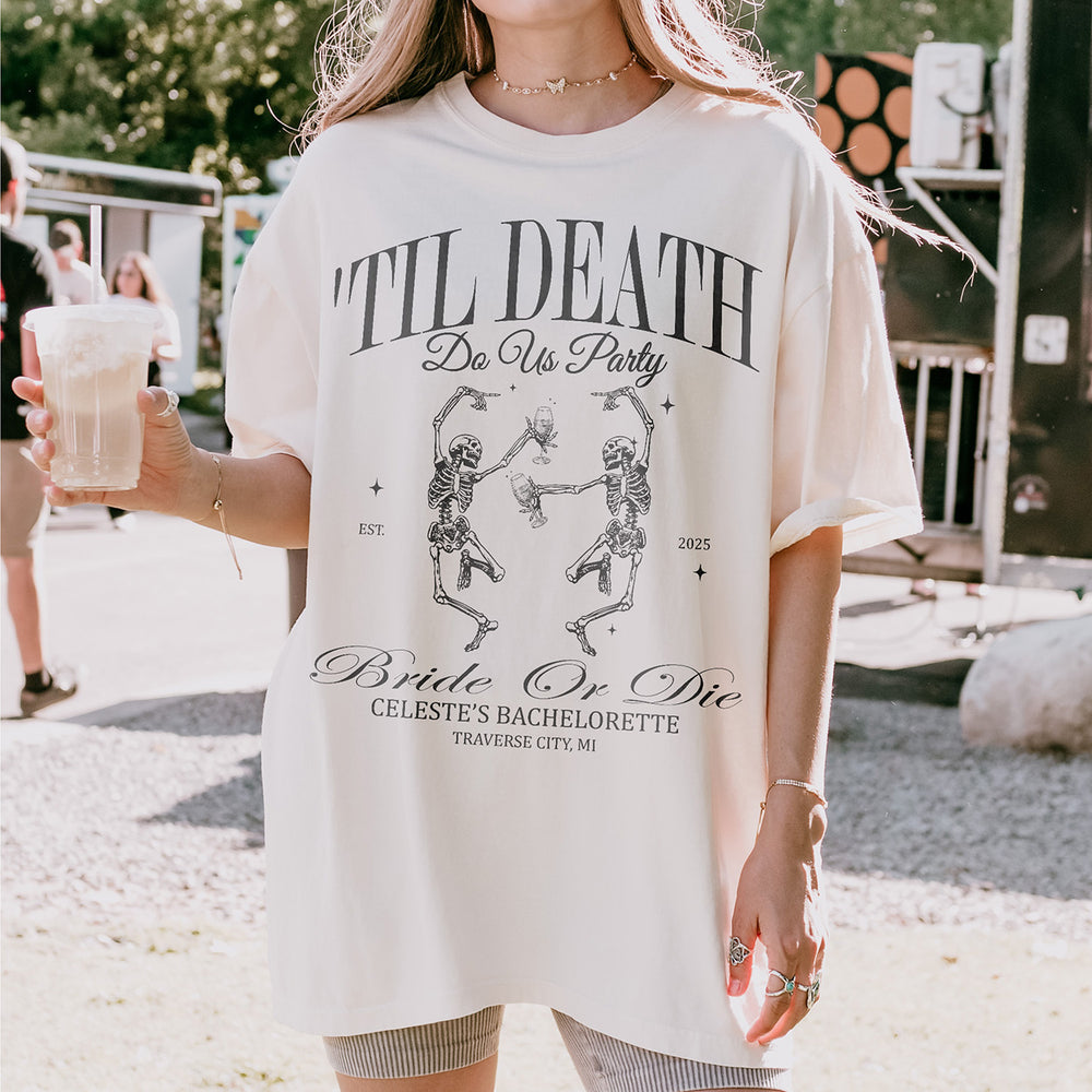 Fun gothic bachelorette shirt with skeleton bride motif for the bride-to-be to wear to her bachelorette party or Halloween wedding events