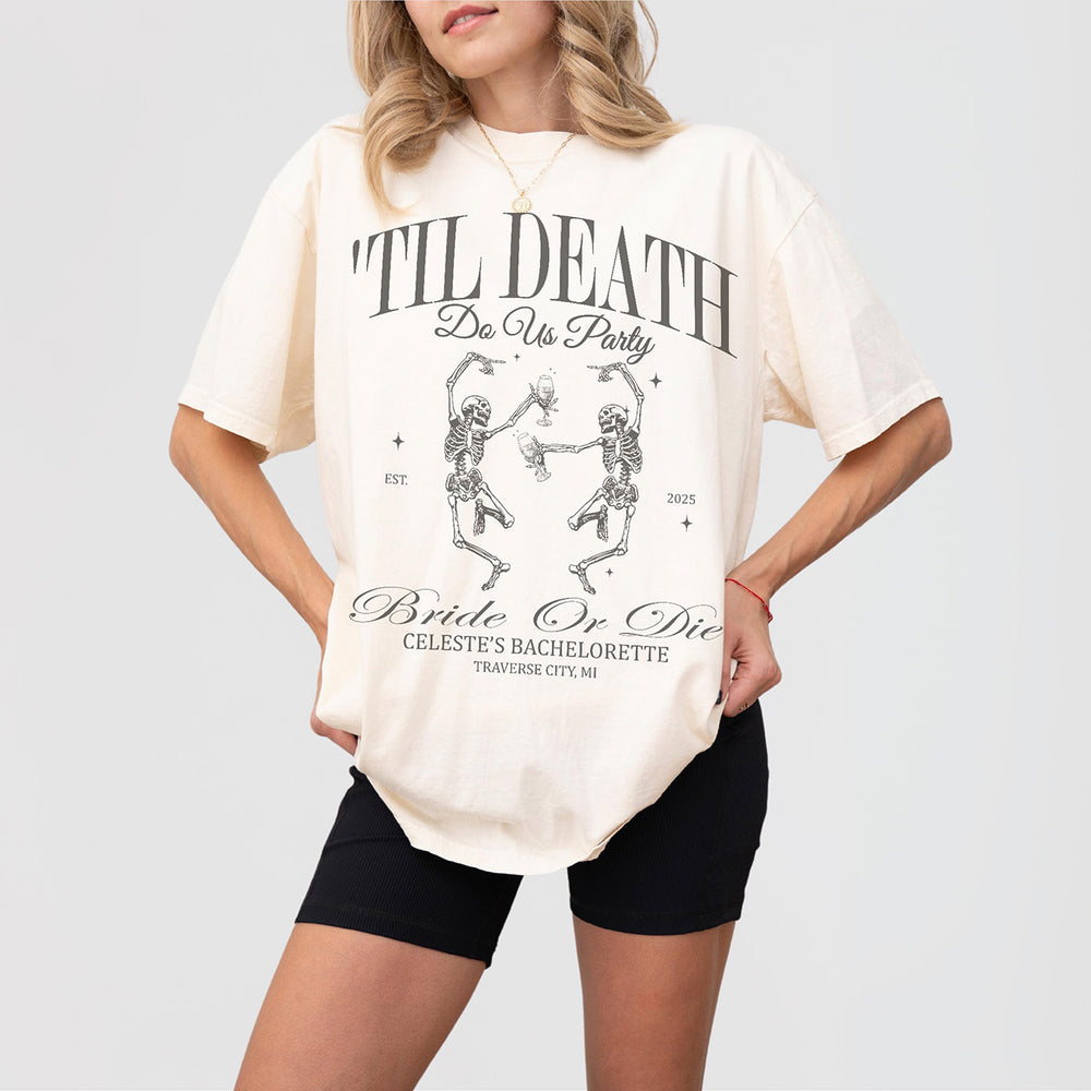 Ivory cotton bachelorette party shirt with gothic skeleton bride design, perfect for a spooky or Halloween themed bridal celebration