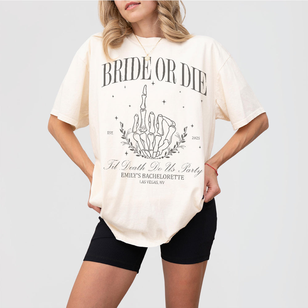 Ivory cotton bride shirt with funny gothic skeleton design perfect for bachelorette parties, Halloween bridal showers, or spooky bachelorette favors