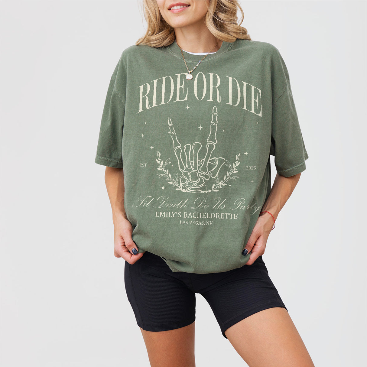 Moss green cotton shirt with gothic skeleton bride design, perfect for a spooky bachelorette party or Halloween themed bridal celebration
