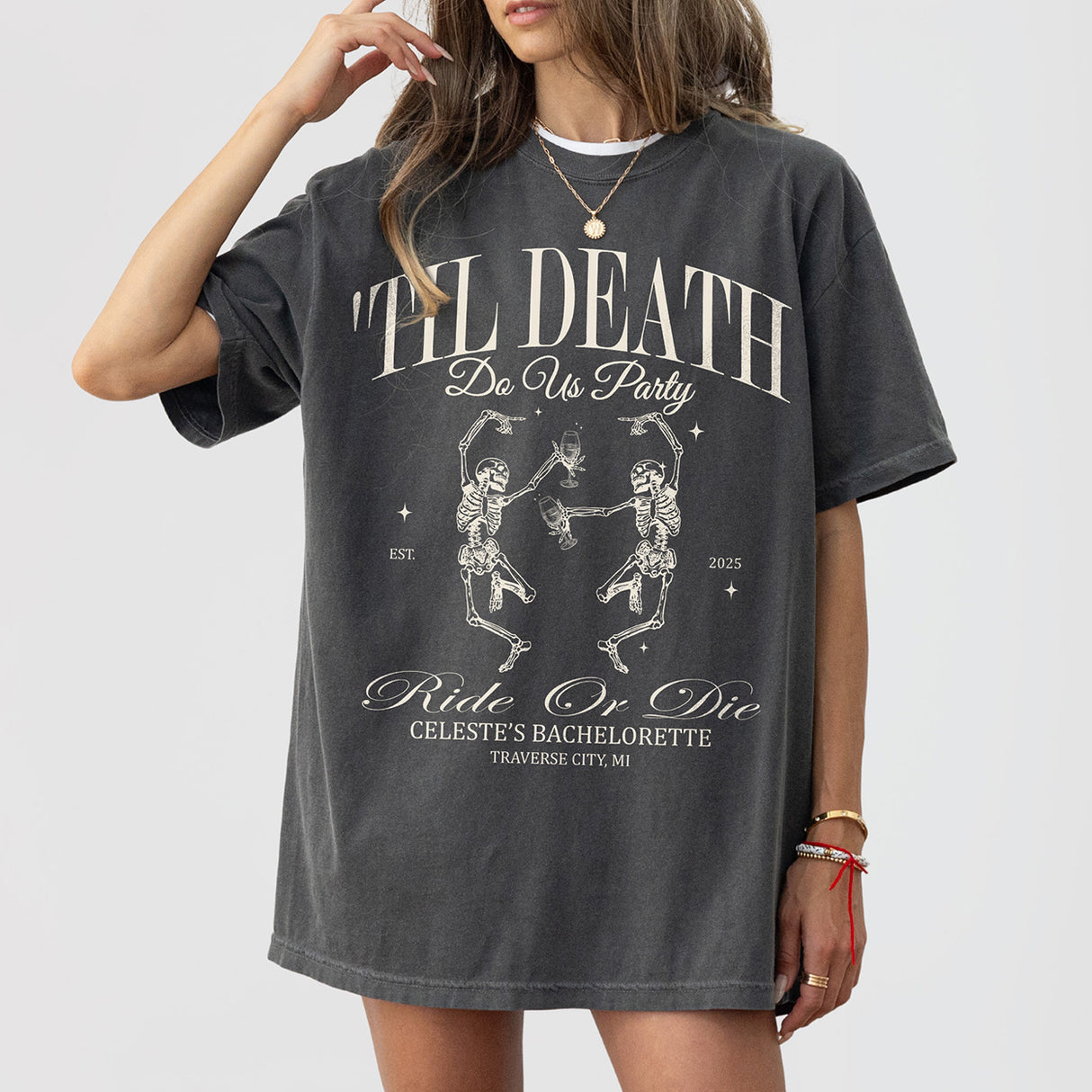 Pepper cotton bachelorette party shirt with gothic skeleton bride design, perfect for a funny, spooky till death do us party celebration