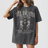 Pepper cotton bachelorette party shirt with gothic skeleton bride design, perfect for a funny, spooky till death do us party celebration