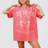 Watermelon shirt with a gothic skeleton bride design, funny bachelorette party favor for the bride tribe celebrating til death do us party