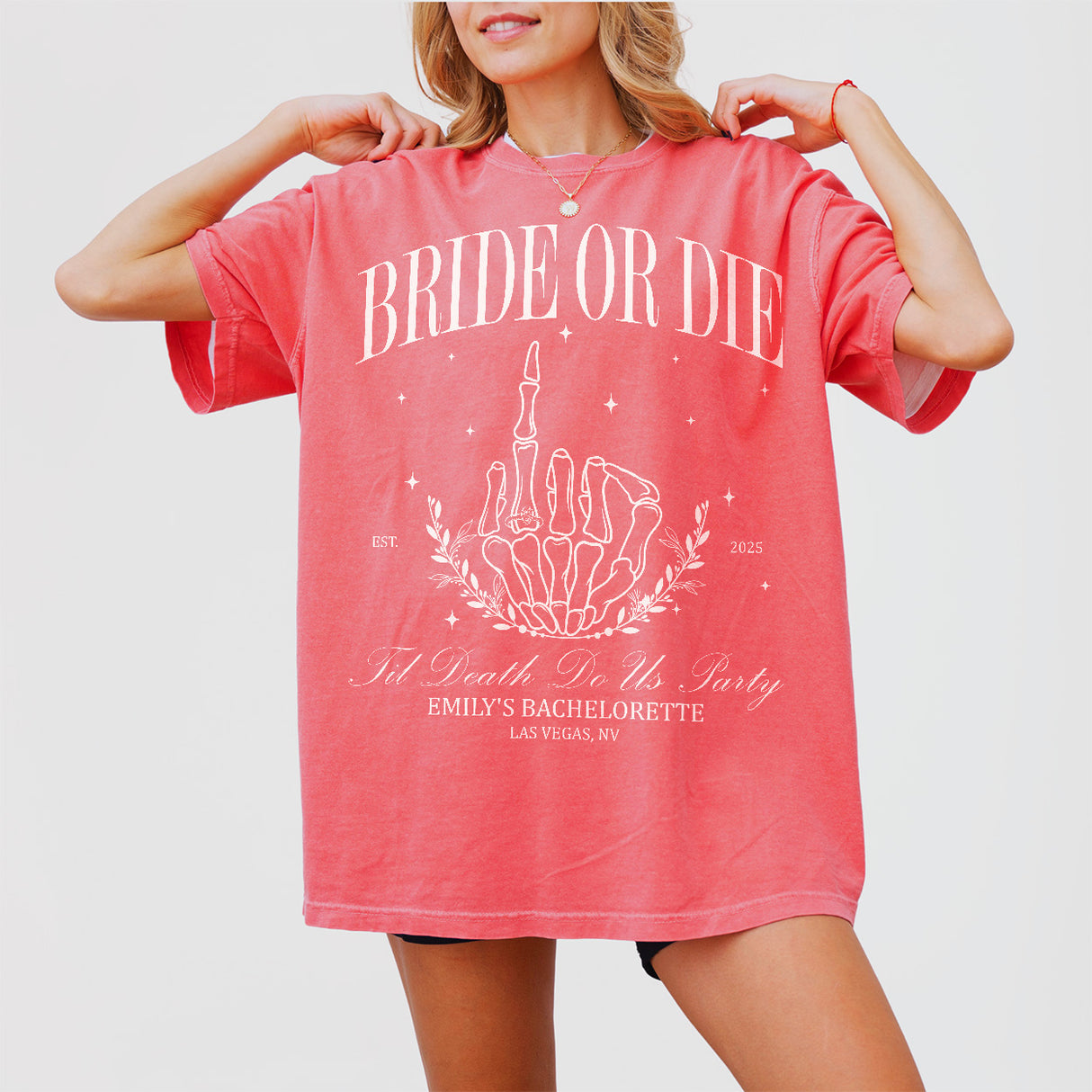 Funny bachelorette party shirt with gothic skeleton bride design, perfect for a Halloween-themed bride-to-be or bridal squad celebrating til death do us party