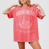 Funny bachelorette party shirt with gothic skeleton bride design, perfect for a Halloween-themed bride-to-be or bridal squad celebrating til death do us party