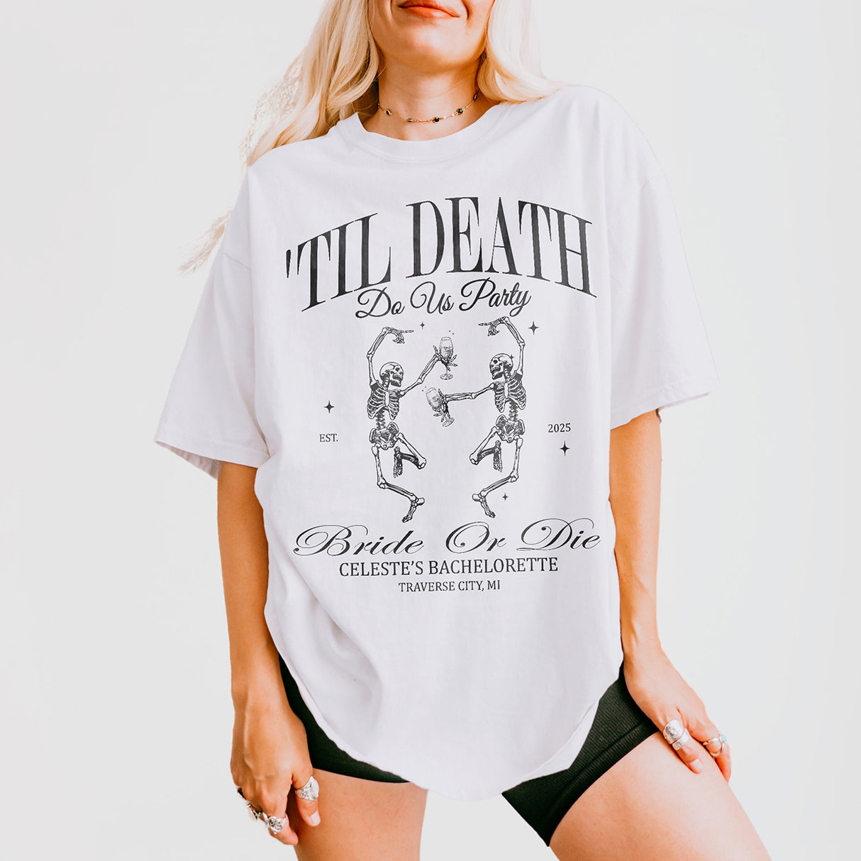 Bride Or Die funny white cotton bachelorette party shirt with skeleton graphic, perfect for Halloween or gothic-themed bridal celebrations