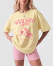 Matching western bachelorette T-shirts for the Wild Wild Wife rodeo bride crew. Vintage cowgirl illustration with bold script lettering, perfect for a western-themed bachelorette party weekend.