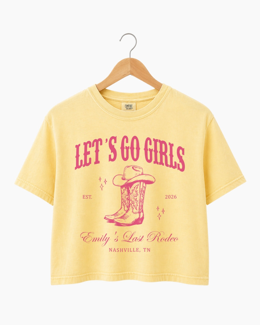 Personalized bachelorette rodeo crop top with bride name, EST year, and destination city. Last Rodeo western theme with vintage script and cowboy boot art for the Nashville bachelorette crew.