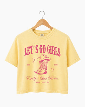 Personalized bachelorette rodeo crop top with bride name, EST year, and destination city. Last Rodeo western theme with vintage script and cowboy boot art for the Nashville bachelorette crew.