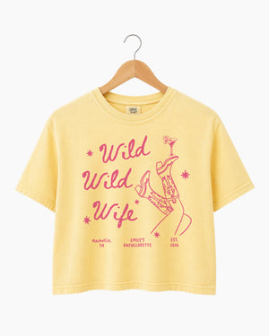 Personalized bachelorette boxy tee with Wild Wild Wife design for destination party weekends
