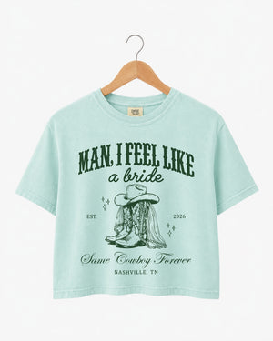 Gift idea for the bride: bachelorette rodeo crop top with vintage western script, cowboy boot art, and personalized bride name, year, and city for the Nashville or any last-rodeo weekend crew.