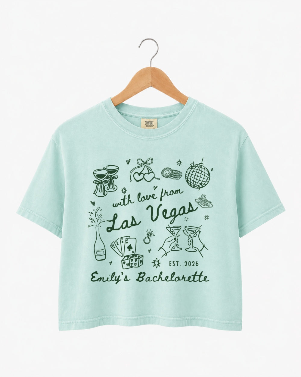 Gift idea for the Las Vegas bachelorette crew: vintage-art crop tops with bride name, year, and city customizable. Perfect bridesmaid proposal or bridal shower gift for a Vegas weekend.
