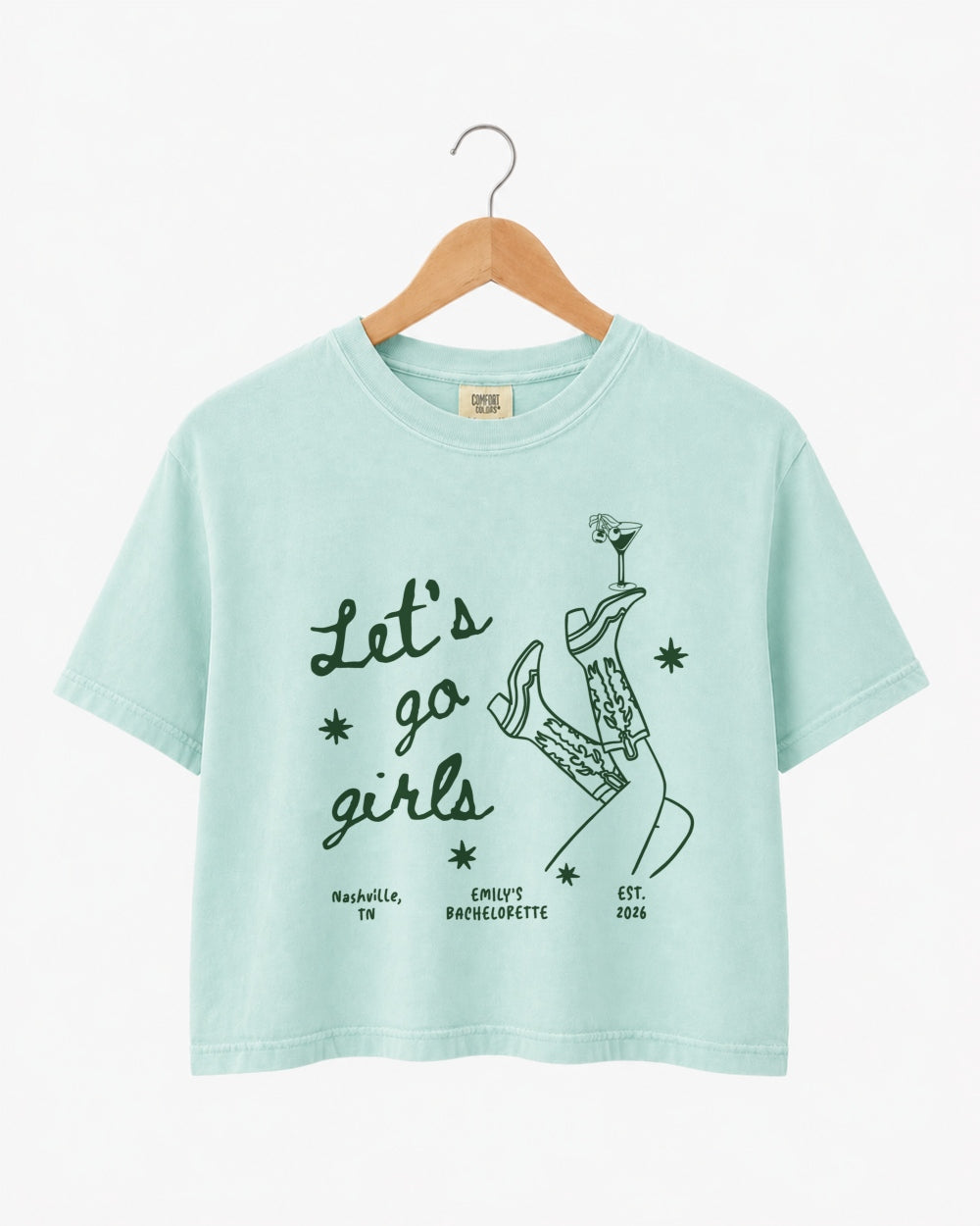 Girls night out gift idea: Let's Go Girls crop top with vintage line-art boots and martini illustration. Fun bachelorette or birthday present for the whole crew.
