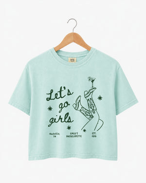 Girls night out gift idea: Let's Go Girls crop top with vintage line-art boots and martini illustration. Fun bachelorette or birthday present for the whole crew.