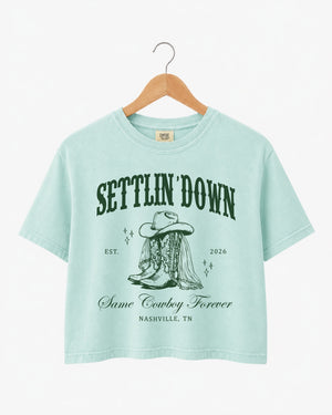 Gift idea for the bride heading into her last rodeo: bachelorette crop top with vintage western illustration. Personalized with bride name, wedding year, and destination city for the whole crew.