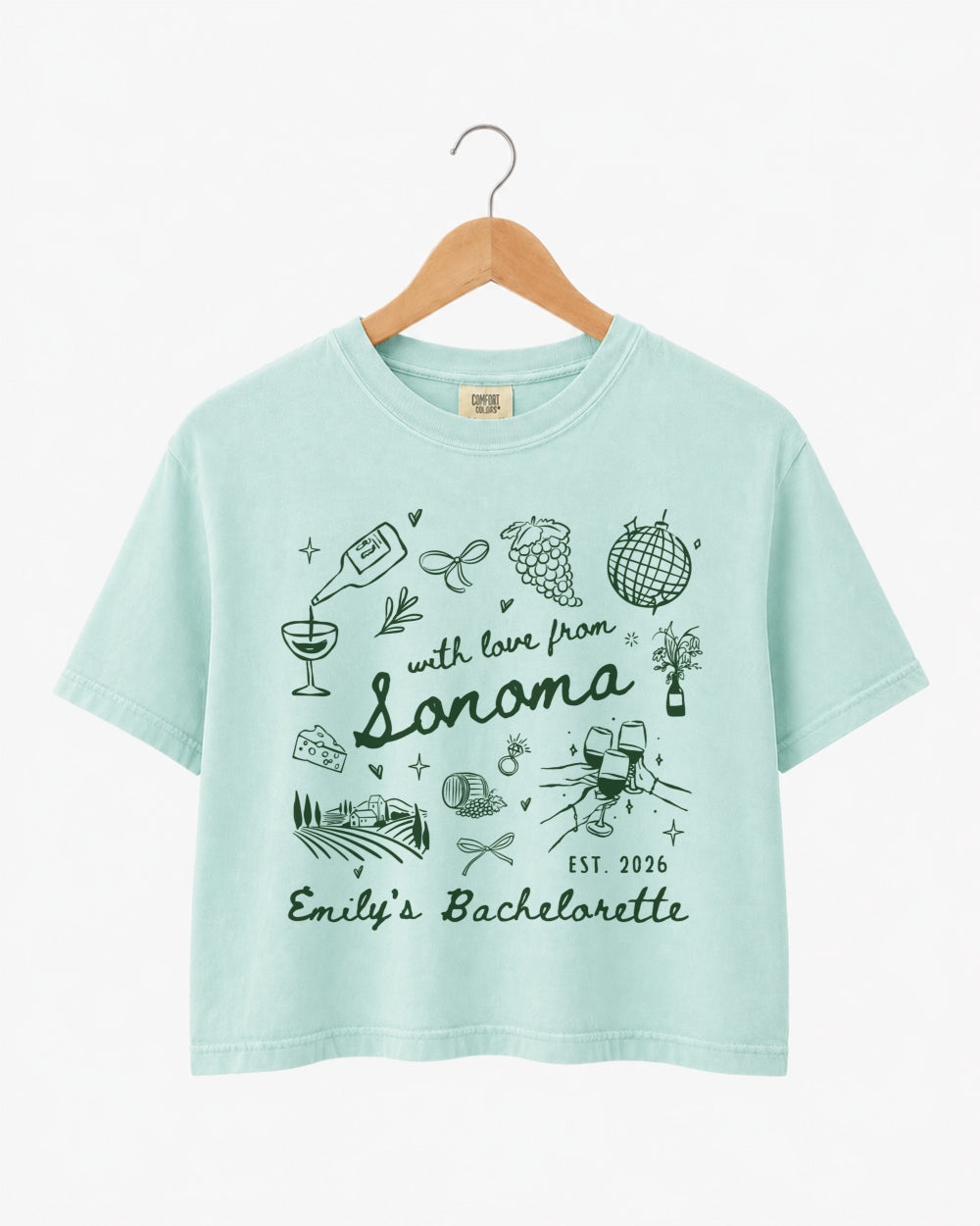 Matching bachelorette crop top with custom wine country design for bride and bridal crew