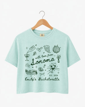 Matching bachelorette crop top with custom wine country design for bride and bridal crew