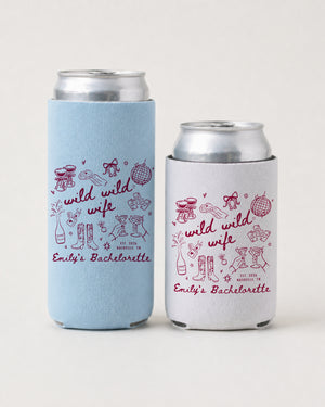 Bachelorette weekend can cooler with whimsical line-art script, made for outdoor adventures and campfire nights with the crew. Bride name and party details customizable for the whole group.