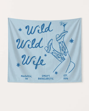 Matching bachelorette party banners with Wild Wild Wife cowgirl and martini theme. Personalized with bride name, weekend date, and destination city for the whole crew.