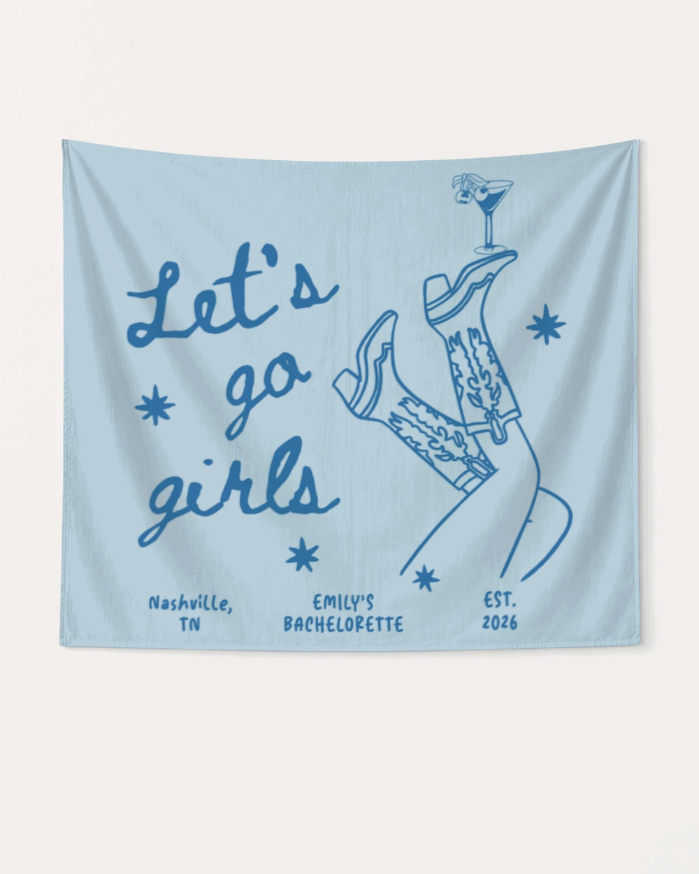 Vintage line-art bachelorette party banner with cursive script and Western boot illustration. Personalized with bride name, destination city, and year for the full Nashville or any-city crew.