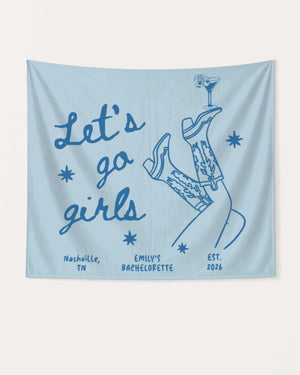 Vintage line-art bachelorette party banner with cursive script and Western boot illustration. Personalized with bride name, destination city, and year for the full Nashville or any-city crew.