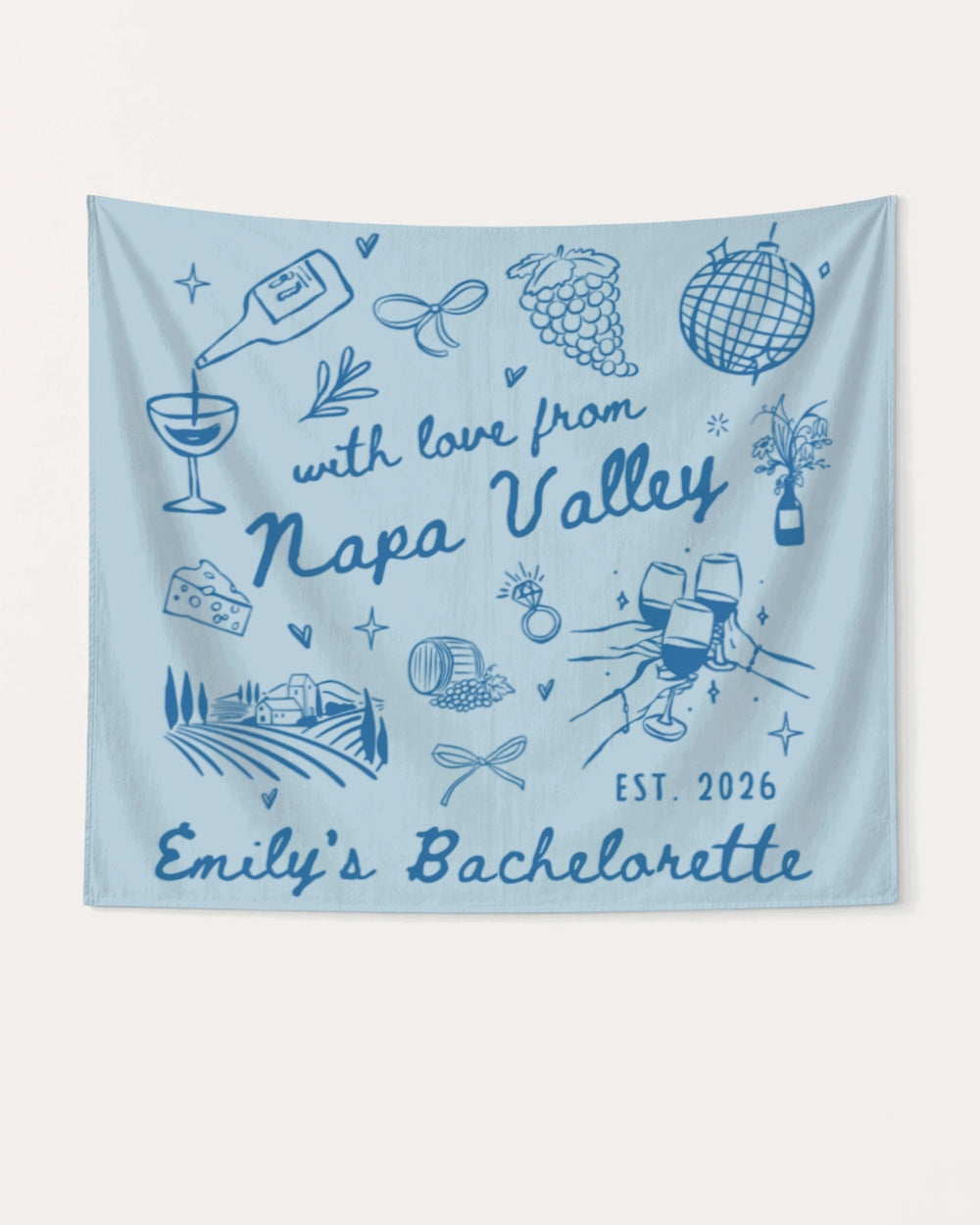 Rectangular bachelorette party banner with Napa Valley wine country theme and minimalist line-art doodles. Personalized with bride name, destination, and EST. year for the full crew.