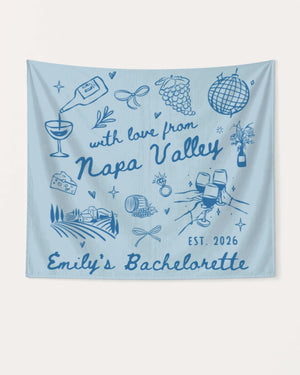 Rectangular bachelorette party banner with Napa Valley wine country theme and minimalist line-art doodles. Personalized with bride name, destination, and EST. year for the full crew.