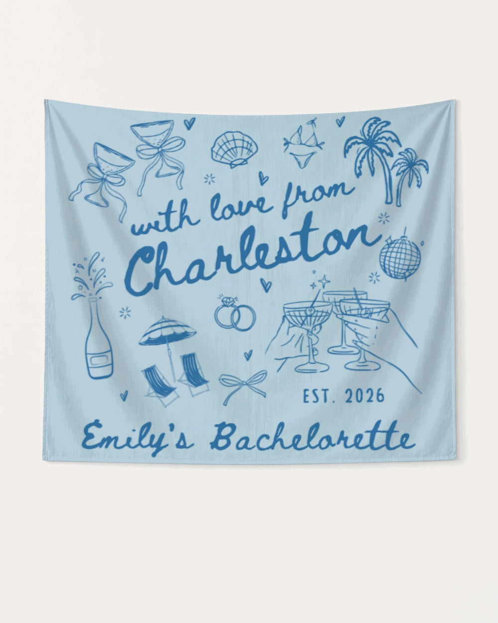Hand-drawn doodle bachelorette party banner with whimsical script lettering and illustrated art. Personalized with bride name, destination city, and year for the full weekend crew.