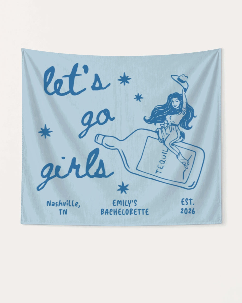 Vintage line-art bachelorette bottle banner with hand-drawn cowgirl script and Western doodle art. Personalized with bride name, city, and year for the Nashville or any destination bach weekend.